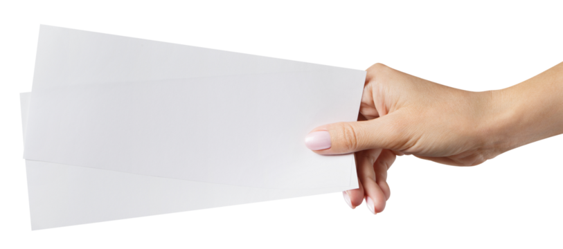 Female hand holding two blank sheets of paper (tickets, flyers, invitations, coupons, banknotes, etc.), cut out - Powered by Adobe