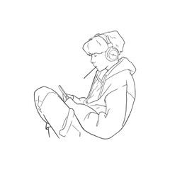 a guy in casual clothes with headphones sits on the phone.  line style