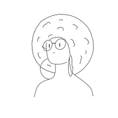 a girl with an afro hairstyle, round glasses and large earrings.  line style
