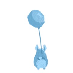 chinchilla holds a helium balloon in his hand.  blue monochrome palette