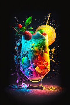 An image of colorful cocktail on black background. Generative AI.
