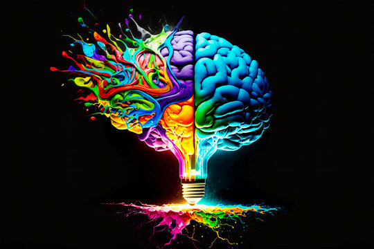 An image of colorful brain and light bulb. Generative AI.