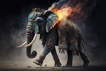 Running Elephant in Ornate Fire and Ice Headdress. Generative AI