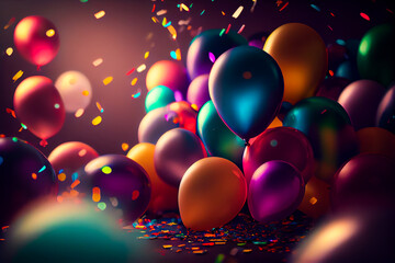 Fototapeta na wymiar Colorful balloons and confetti on dark background. Generative AI.