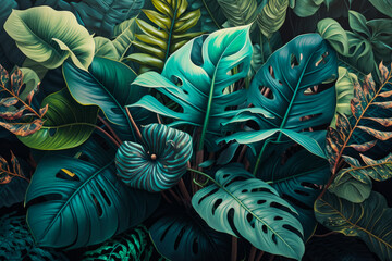 tropical leaves and plants. Generative AI.