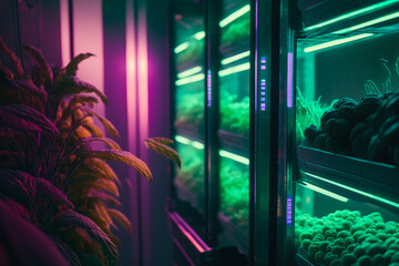 An image of refrigerator with plants in it. Generative AI.