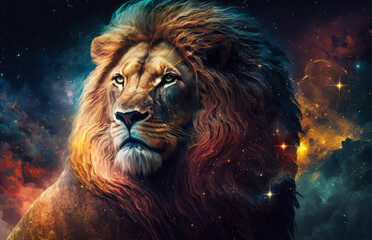 An image of lion with stars in the background. Generative AI.