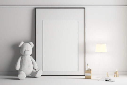Teddy bear sits next to blank picture frame. Generative AI.