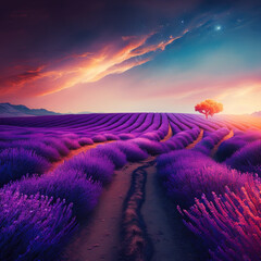 Plakat An image of lavender field at sunset. Generative AI.