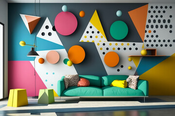 Colorful living room with geometric shapes on the wall. Generative AI.