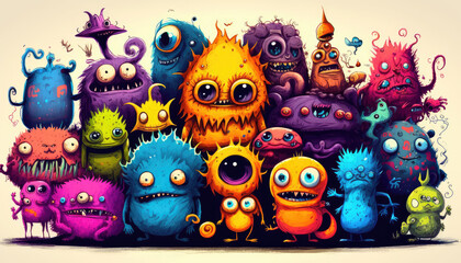 "Colorful Monster Doodle Art" - a series of fun and quirky monster illustrations in neon watercolor, with a colorful and lively doodle art style