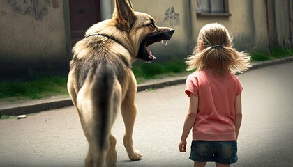 Big terrible stray dog barking and growls on little girl walking street, rabid stray dog attacks neglected child with cynophobia. Lonely girl met dangerous rabies stray dog on street, generative AI
