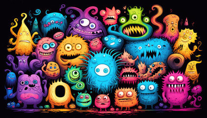 "Colorful Monster Doodle Art" - a series of fun and quirky monster illustrations in neon watercolor, with a colorful and lively doodle art style