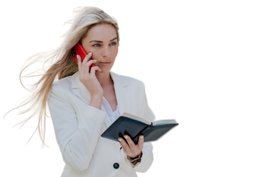 Beautiful swedish young woman in white suit outside, holding diary, talking by phone, thoughtfully staring into distance against transparent background. Experienced  businesswoman prepares for meet.