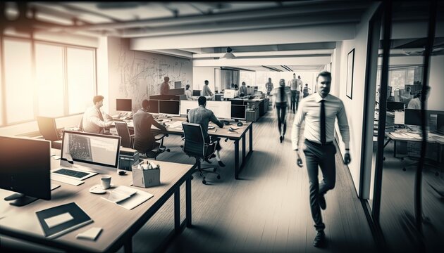 Motion blurred open space office with employees on beautiful sunlight, hard work project management office vibe illustration. Open space office with motion blur effect on employees, generative AI