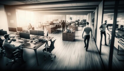 Motion blurred open space office with employees on beautiful sunlight, hard work project management office vibe illustration. Open space office with motion blur effect on employees, generative AI