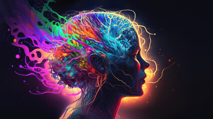 Headache in human head neon glowing head brain, pain in human head with colorful stress illustration, terrible migraine attack in human brain. Colorful neon silhouette on human head, generative AI