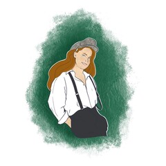 girl with red hair and freckles in classic clothes - in a shirt, trousers with suspenders and a flat cap