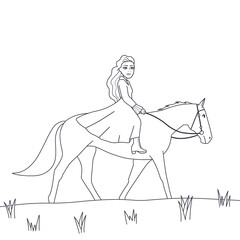 a girl in a dress rides a horse in a field