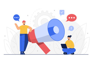 Fototapeta na wymiar The Message. Businessman talk in megaphone with question. Concept business Vector illustration in flat design.