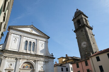 Pontremoli. Cathedral with bell tower in Lunigiana.Piazza del Duomo in Pontremoli with the facade...