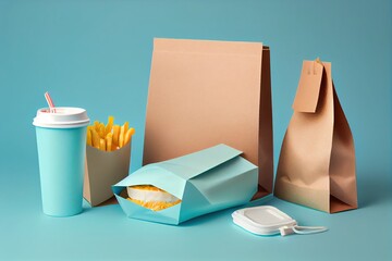 Template paper bag and coffee cup made from recycled material, copy space, mockup, food delivery beige and blue background. Generative AI