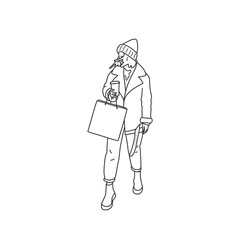 girl in fashionable clothes, in a jacket and hat, with a package in her hands