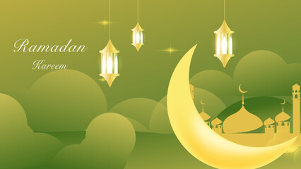 Ramadan Kareem background with moon, mosque and lamp.