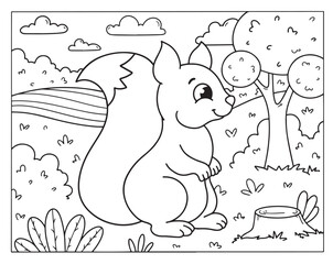 Children's coloring book with a squirrel. Hand drawn vector illustration. Coloring book pages for adults and kids. Forest, field, trees, stump.