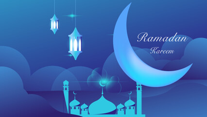 Ramadan kareem islamic background design vector illustration with mosques, lanterns and moon