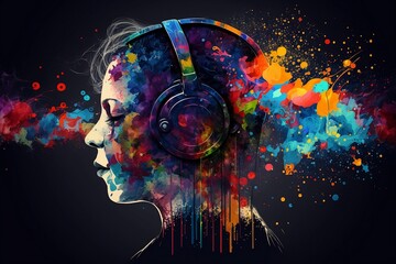 Head wearing headphones on colourful background. Creative background, generative, AI