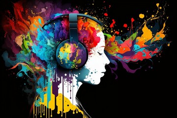 Colourful background background. Head wearing headphones on music background.