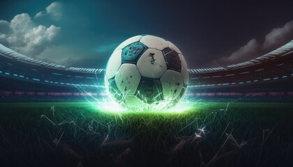 Soccer ball on green football field of stadium, close up evening neon glowing, world cup soccer championship concept. White black football ball on green grass field before playing game, generative AI