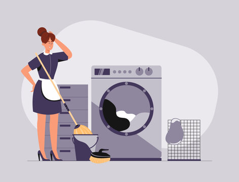 maid with mop near washing machine clip art preview