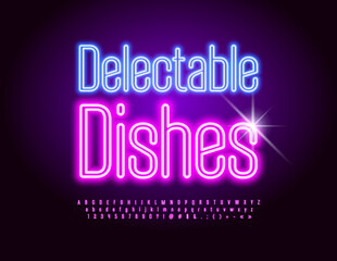 Vector advertising sign Delectable Dishes. Set of Illuminated Alphabet Letters, Numbers and Symbols. Purple Neon Font