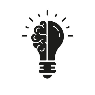Human Brain and Lightbulb Creative Idea Silhouette Line Icon. Innovation Sign. Light Bulb Inspiration, Knowledge, Smart Solution Glyph Symbol. Isolated Vector Illustration