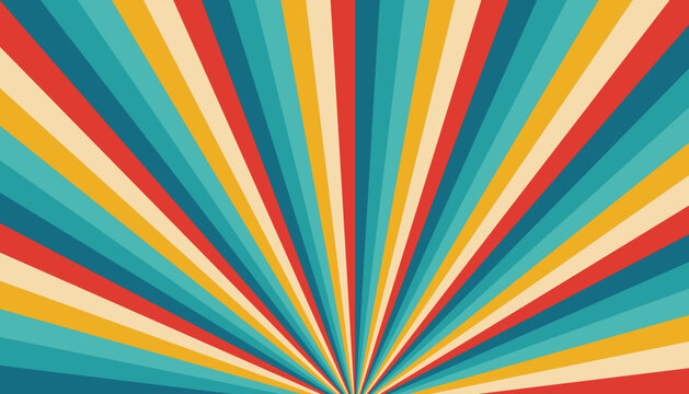 Vintage sunburst banner background. Retro style concept. Colorful grunge sun. 70s color wallpaper. Vector illustration for design.