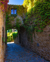 Street of the medieval historical center of Peratallada with houses covered with plants.  Peratallada, Catalonia, Spain