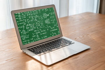 Mathematic equations and modish formula on computer screen showing concept of science and education