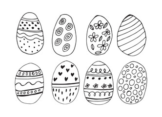 Easter eggs set doodle style. Happy easter hand drawn isolated on white background. Spring holiday. Happy Easter. Vector Illustration.
