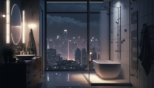 Contemporary luxurious bathroom and shower with white tiles and basin overlooking city landscape, generative AI