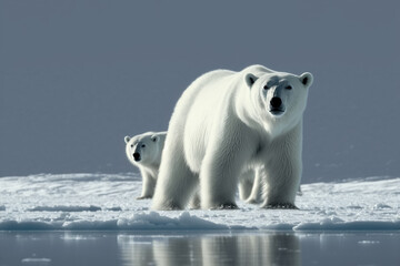 Naklejka na ściany i meble Polar bear with cubs. Wild animals in the Arctic. Generative AI