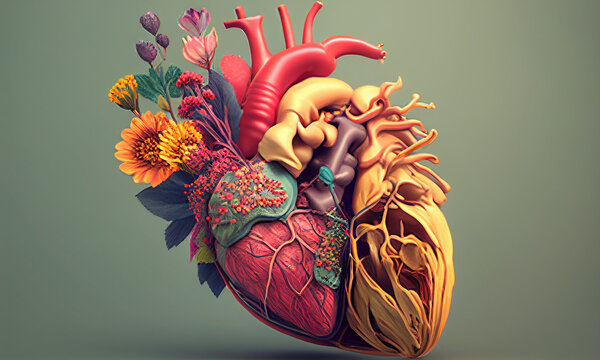 Human heart with flowers. love concept. Generative Ai