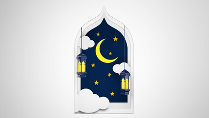 Ramadan Kareem - Eid Mubarak. 3d rendering ramadan background with mosque and star moon ornament, Islamic lantern. Islamic Banner. Ramadan Kareem theme background template