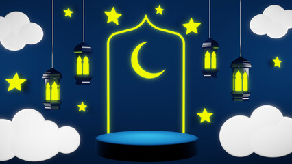 Ramadan Kareem, Eid Mubarak. 3d rendering ramadan background with mosque and star moon ornament, Islamic lantern. Islamic Banner. Ramadan Kareem theme background template