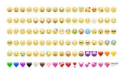 Iphone Whatsapp Emojis. High quality emoticons isolated on a white background. Heart emoji set. Social media emojis. Yellow, simple, vector, printed on paper. icon for website design, mobile app, and  - obrazy, fototapety, plakaty