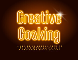 Vector neon Poster Creative Cooking.  Modern Artistic Font. Glowing set of Alphabet Letters, Numbers and Symbols.