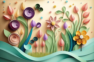 Spring flowers and streamers, perfect for gift cards, multidimensional paper craft art, paper quilling - Generative AI