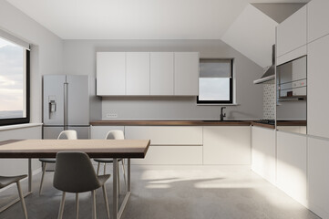 Generic modern kitchen interior design, 3d rendering mockup. Background minimalistic design of a contemporary light and cozy dining area, digital illustration of real estate property