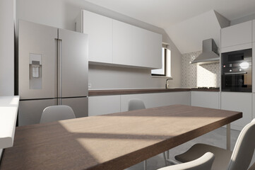 Generic kitchen interior, bright and sunlit modern design in 3d rendering. Digital illustration of contemporary dining room at home